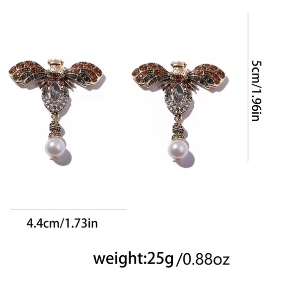 Vintage Gold and Black Bee Earrings with Pearl Drop - Picture 8 of 10